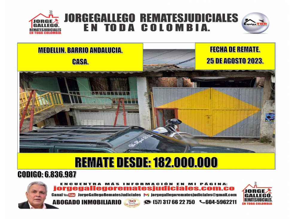 Remate.Medellin. Barrio Andalucia. Casa